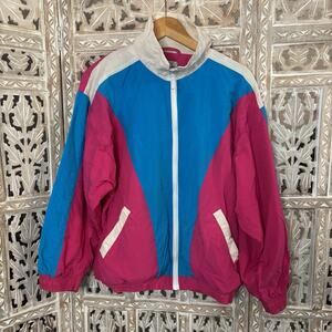 Vintage 90s Full Zip Track Jacket Pink White Blue Colorblock Size S FRENCH NAVY